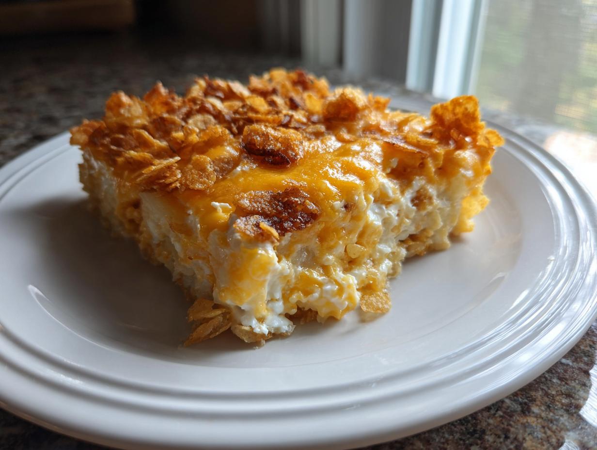 A generous serving of cheesy potato bake topped with melted cheddar and crunchy cornflakes on a white plate.