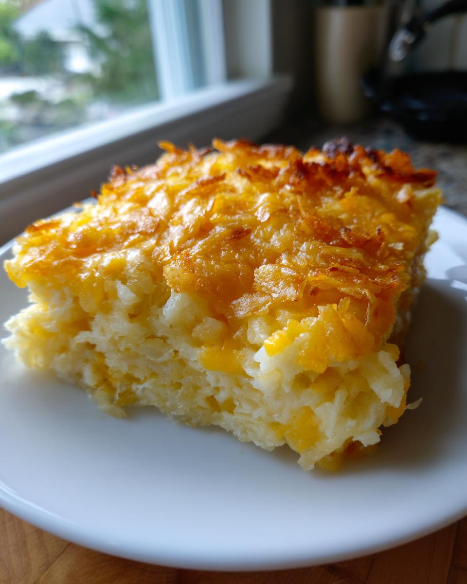 A close-up of a square slice of cheesy potato bake with a crispy, golden-brown topping.
