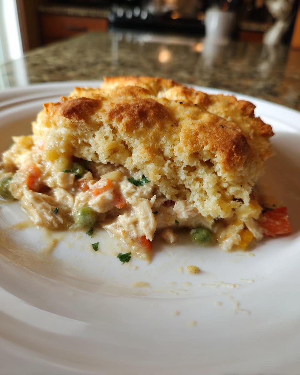 A close-up serving of creamy chicken pot filling with vegetables topped by a golden biscuit crust.
