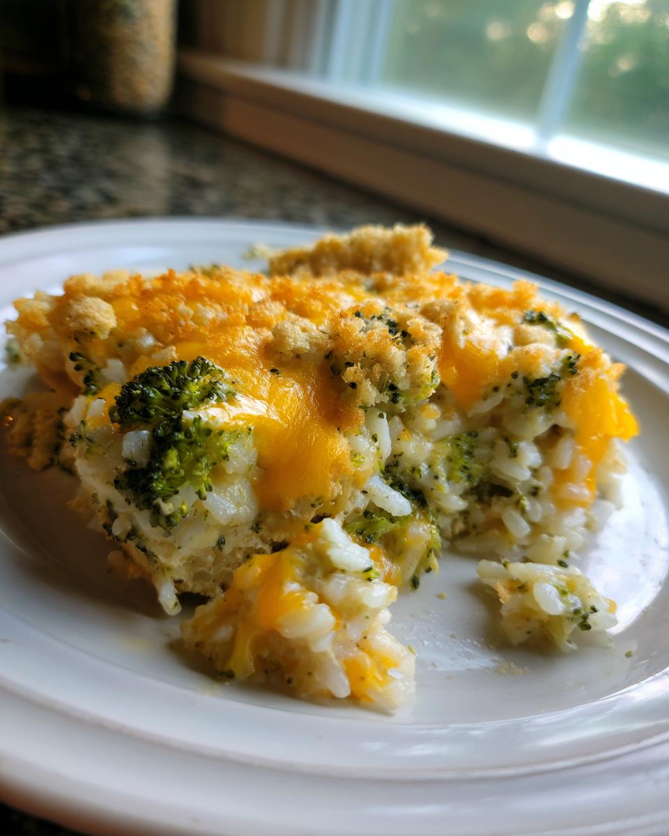A close-up serving of cheesy broccoli rice casserole topped with melted cheddar and crunchy breadcrumbs.