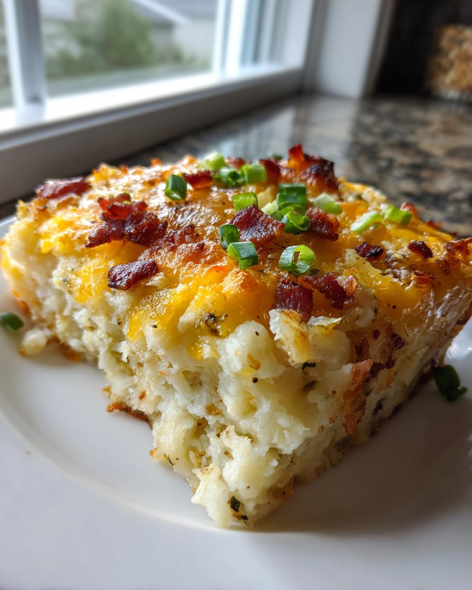 A close-up serving of baked mashed potato casserole topped with melted cheddar cheese, bacon bits, and green onions.