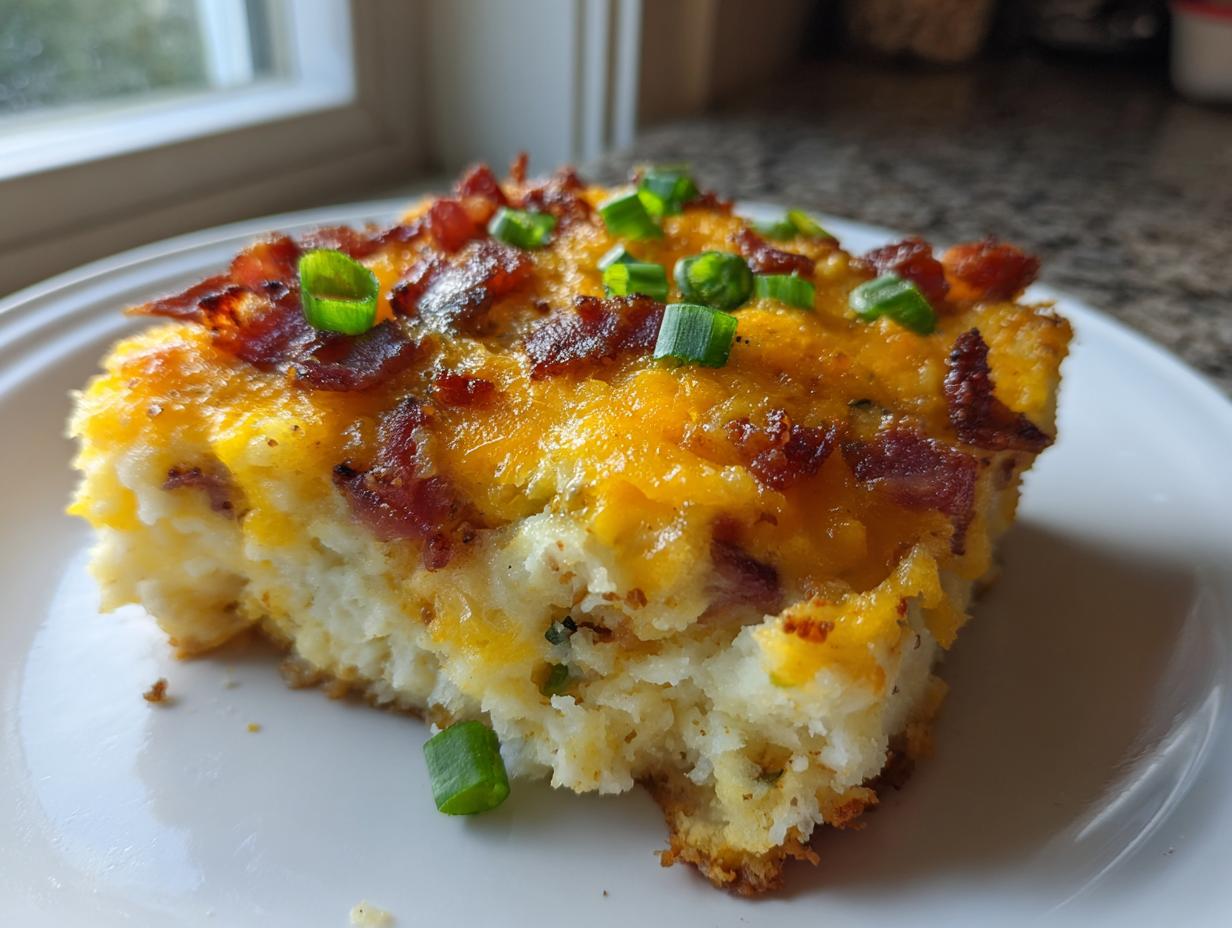 A delicious slice of mashed potato casserole topped with melted cheddar cheese, bacon bits, and green onions.
