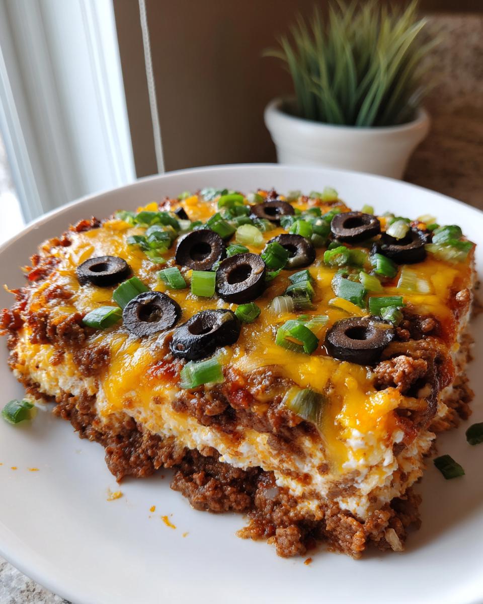 A square serving of layered texas trash dip topped with melted cheddar, black olives, and green onions.