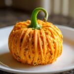 A festive, orange pumpkin cheese ball shaped appetizer topped with a realistic green stem.