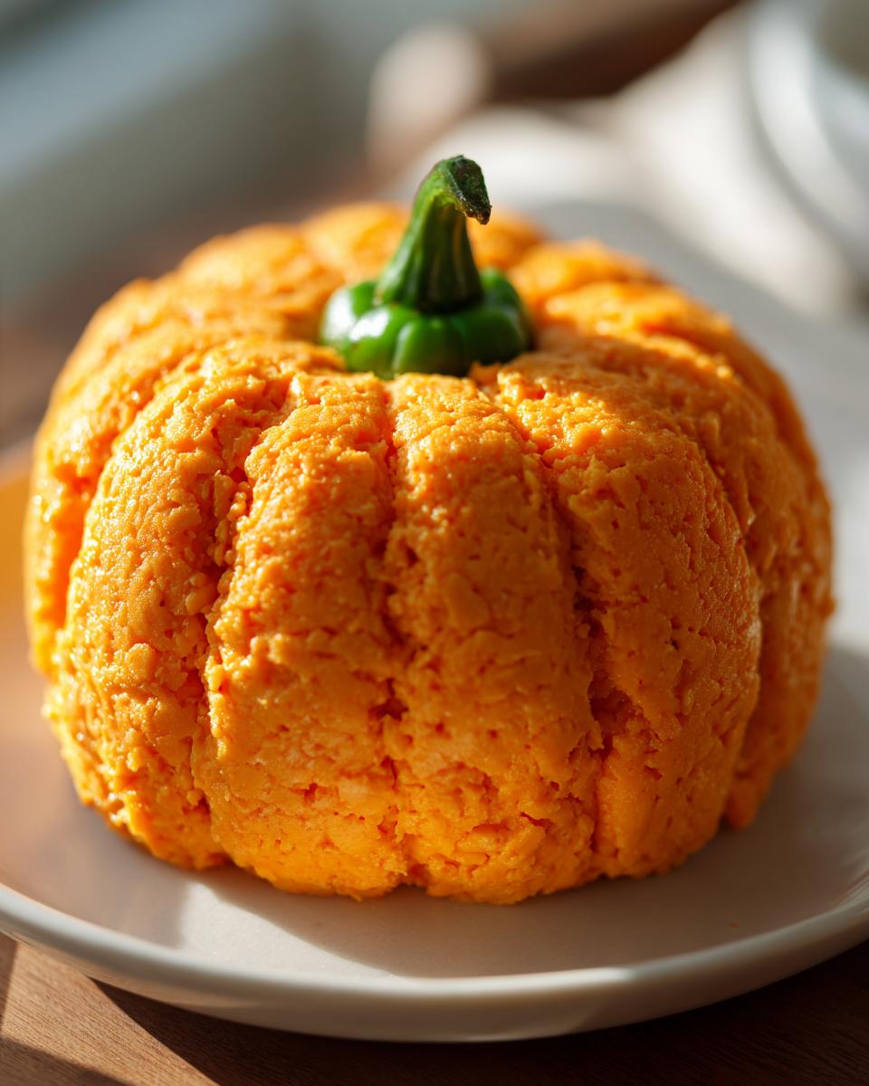 A vibrant orange pumpkin cheese ball shaped like a small pumpkin, topped with a green stem.