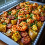Close-up of a flavorful sheet pan shrimp boil featuring seasoned shrimp, sliced sausage, potatoes, and corn on the cob.