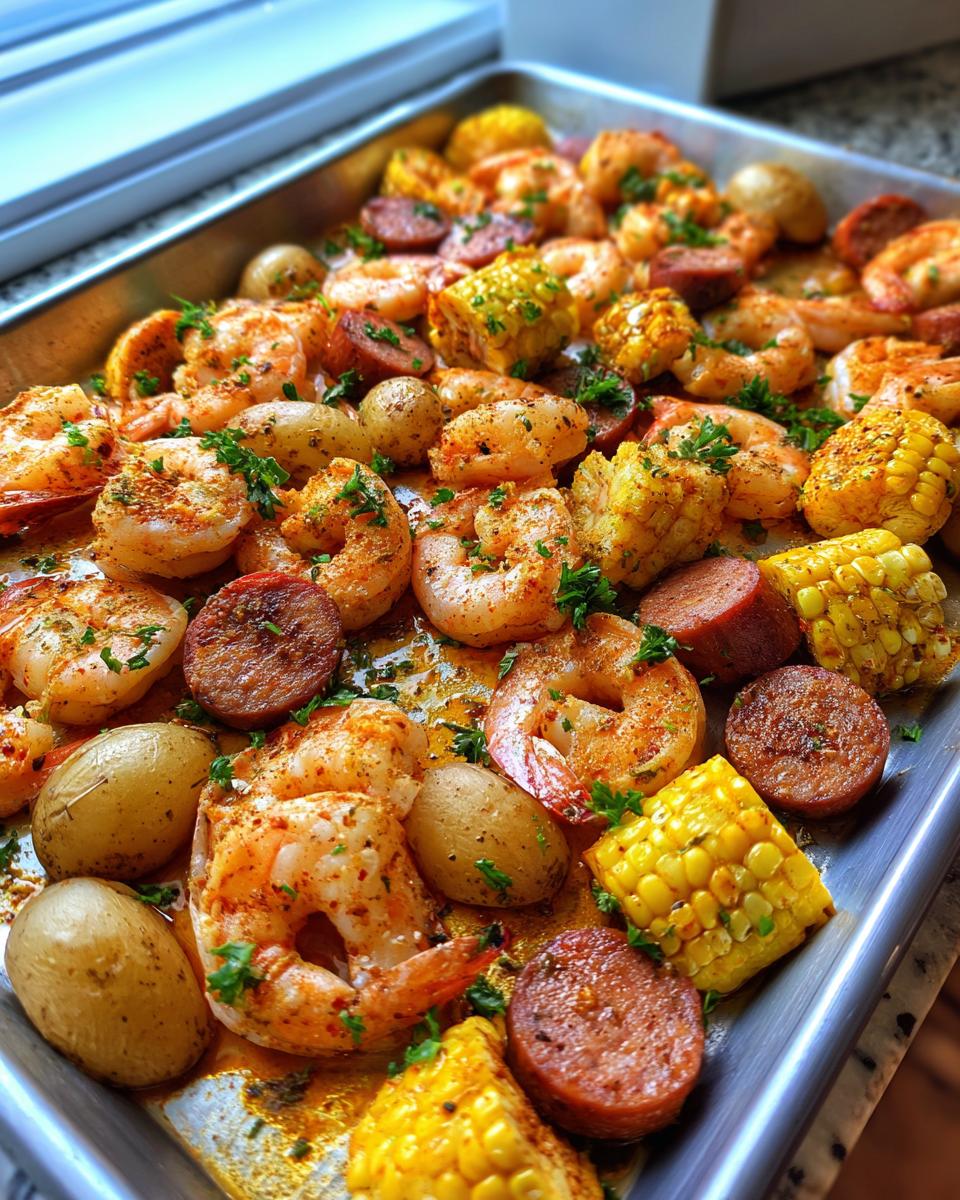 Close-up of seasoned shrimp, sausage slices, corn on the cob, and small potatoes ready for a shrimp boil.