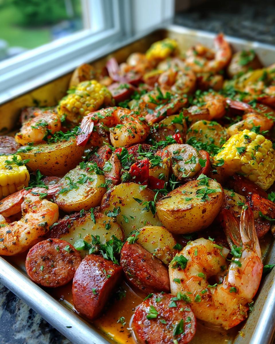 Close-up of a sheet pan shrimp boil featuring seasoned shrimp, sliced potatoes, sausage, and corn, garnished with parsley.