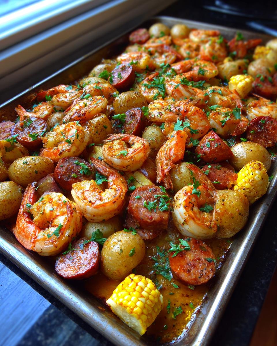 A vibrant sheet pan shrimp boil featuring seasoned shrimp, smoked sausage slices, baby potatoes, and corn segments, garnished with parsley.