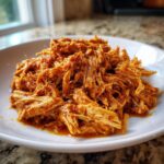 Close-up of shredded chicken tinga coated in rich, reddish-orange sauce served on a white plate.