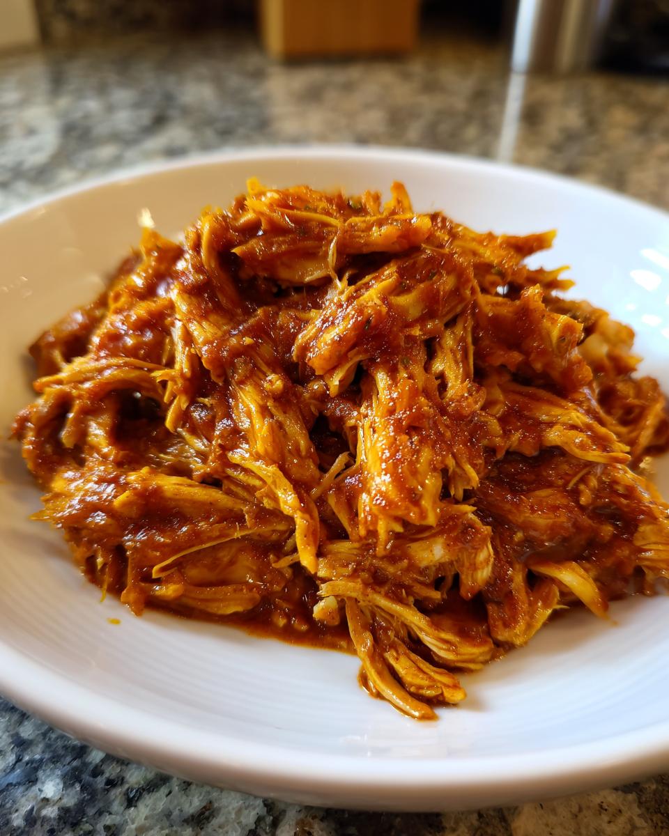 Close-up of shredded chicken tinga coated in a rich, smoky red sauce, served on a white plate.