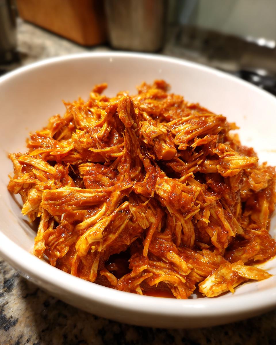 Close-up of shredded chicken tinga coated in rich, smoky red sauce, served in a white bowl.