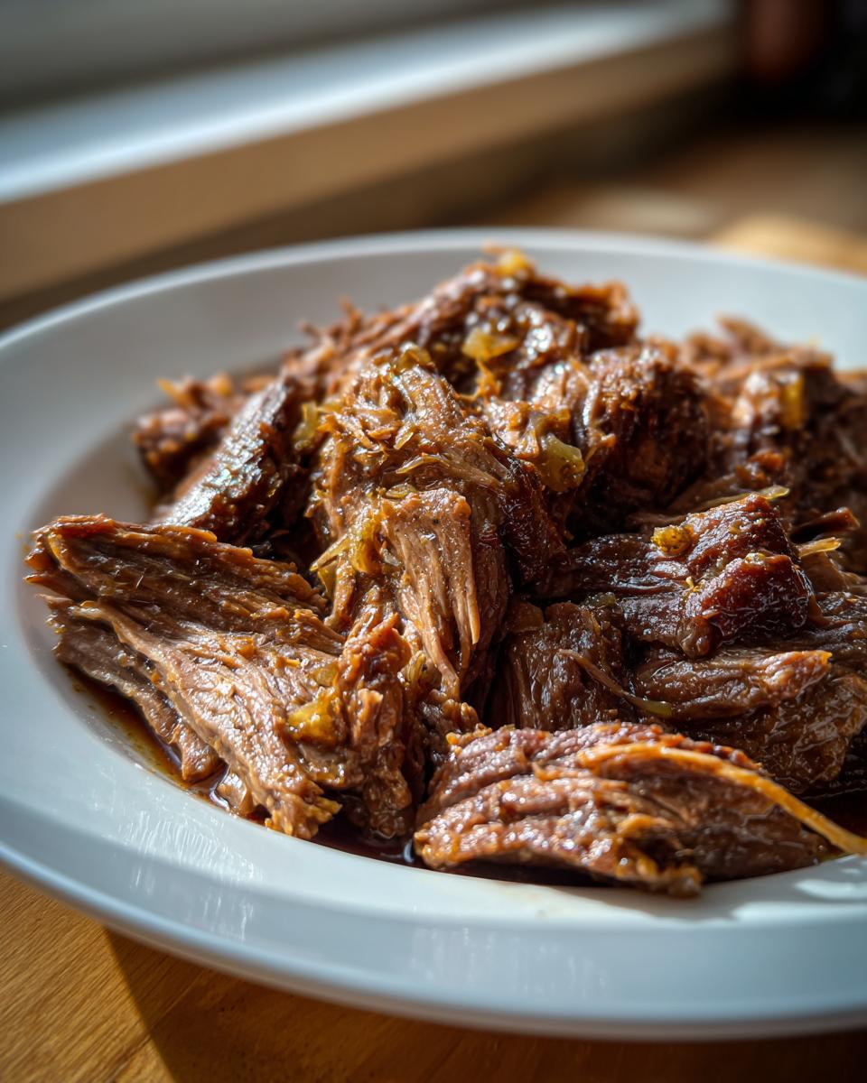 Close-up of tender, shredded Mississippi pot roast served on a white plate, glistening with savory juices.
