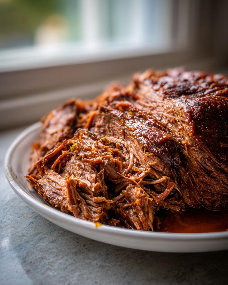 Close-up of tender, shredded Mississippi pot roast served on a white plate with rich juices.