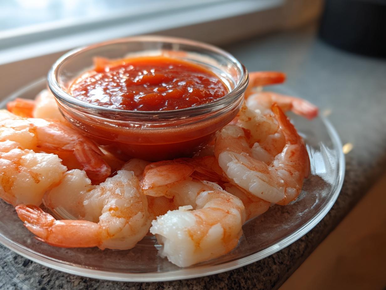 Plump, cooked shrimp arranged around a small glass bowl of bright red cocktail sauce for a classic shrimp cocktail.