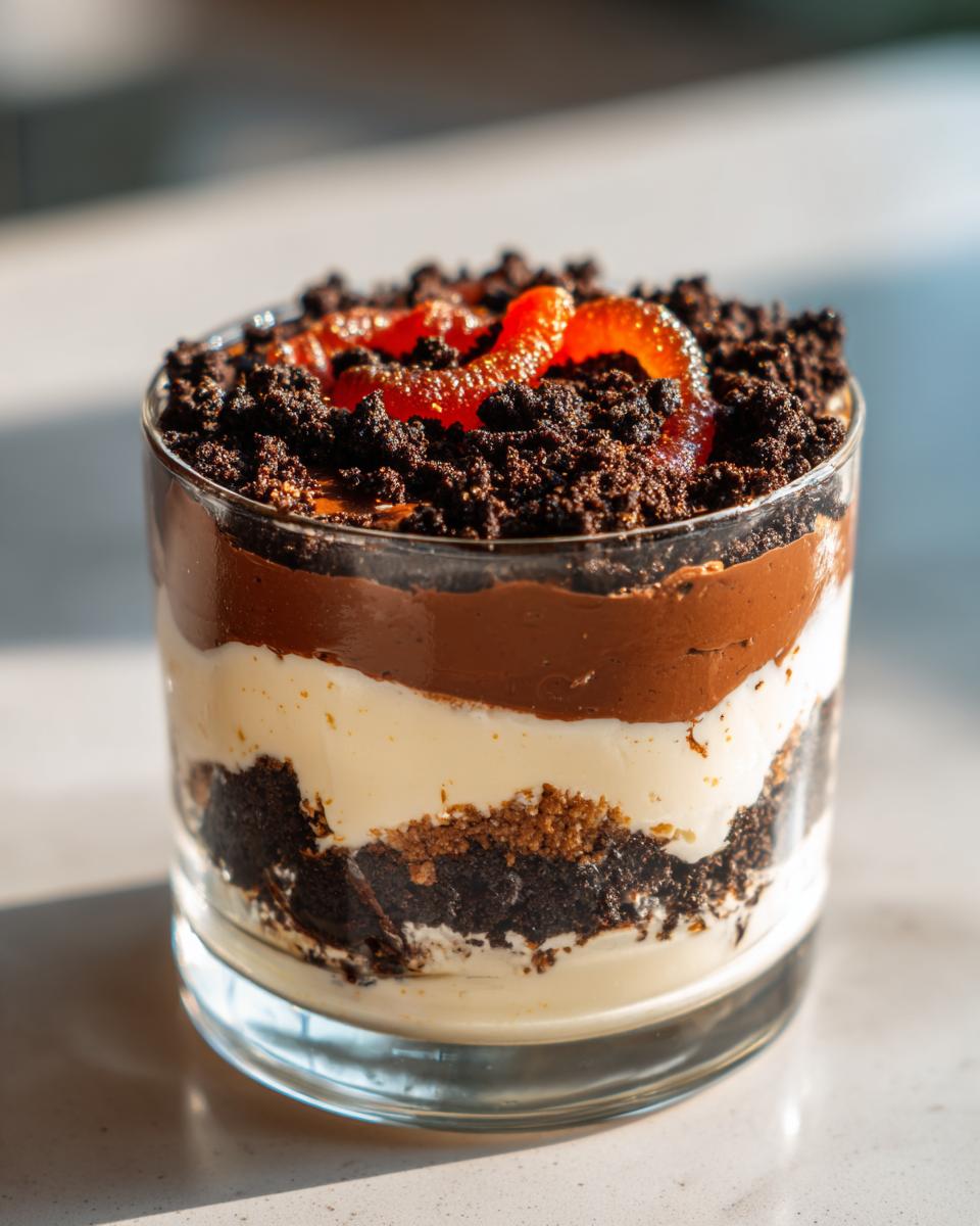 A layered individual serving of dirt cake in a clear glass showing chocolate pudding, cream, and crushed cookies, topped with a gummy worm.
