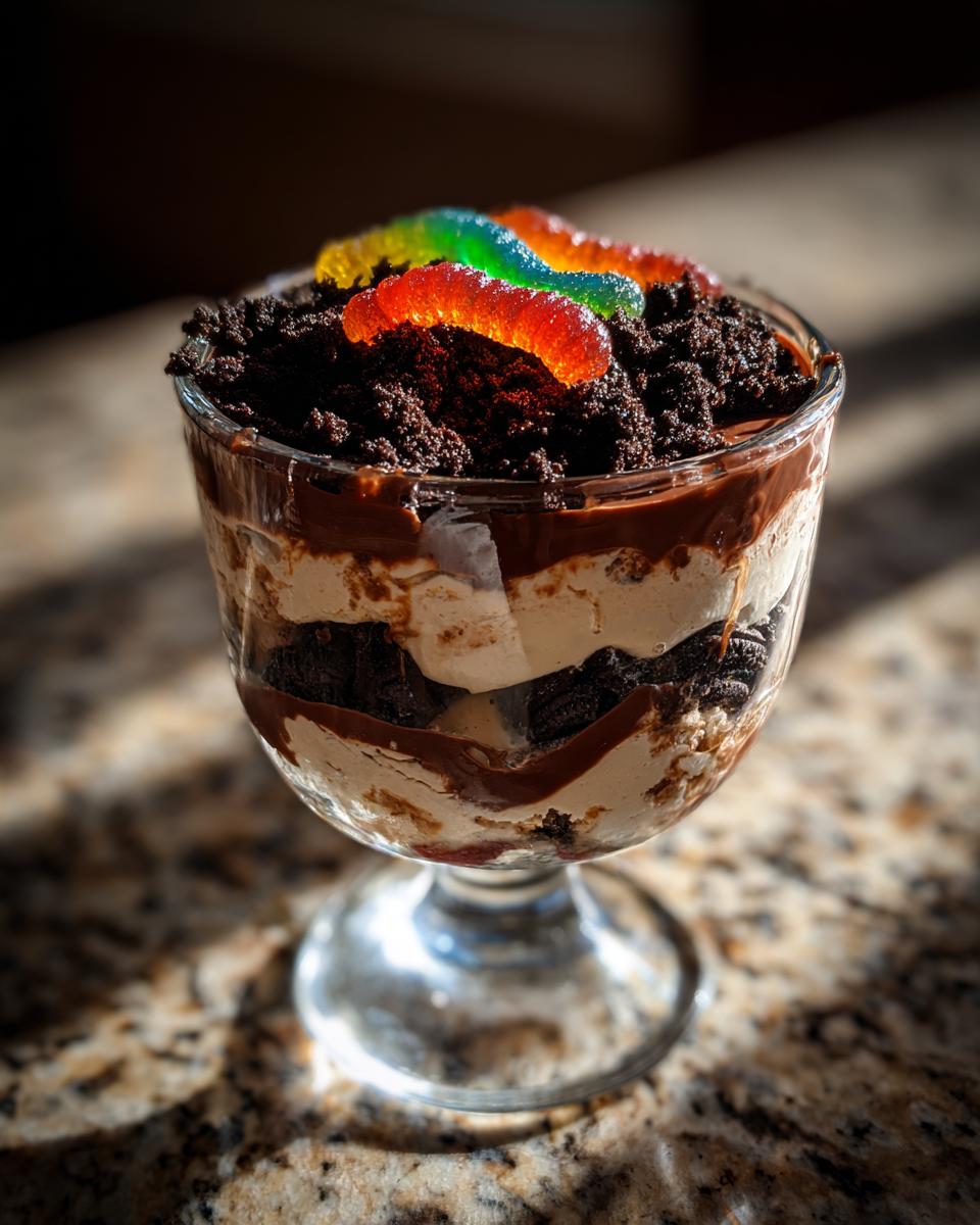 A single serving of ultimate dirt cake in a glass dish, layered with cream and cookie crumbs, topped with gummy worms.