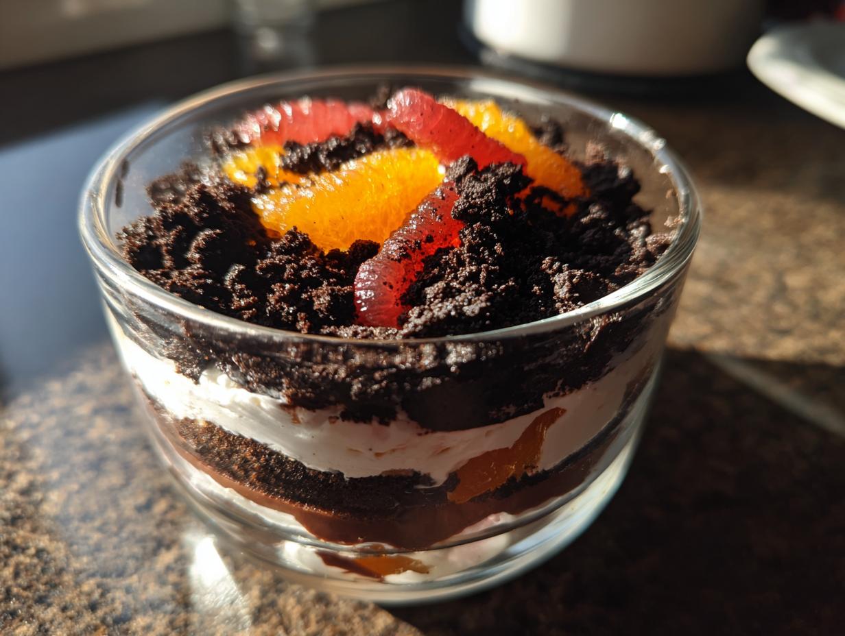 Close-up of a single-serving dirt cake in a glass cup, topped with crushed cookies, gummy worms, and orange slices.