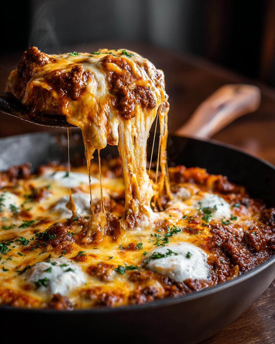 A spoonful of steaming skillet lasagna is lifted, showing extreme cheese pull over the rich meat sauce.