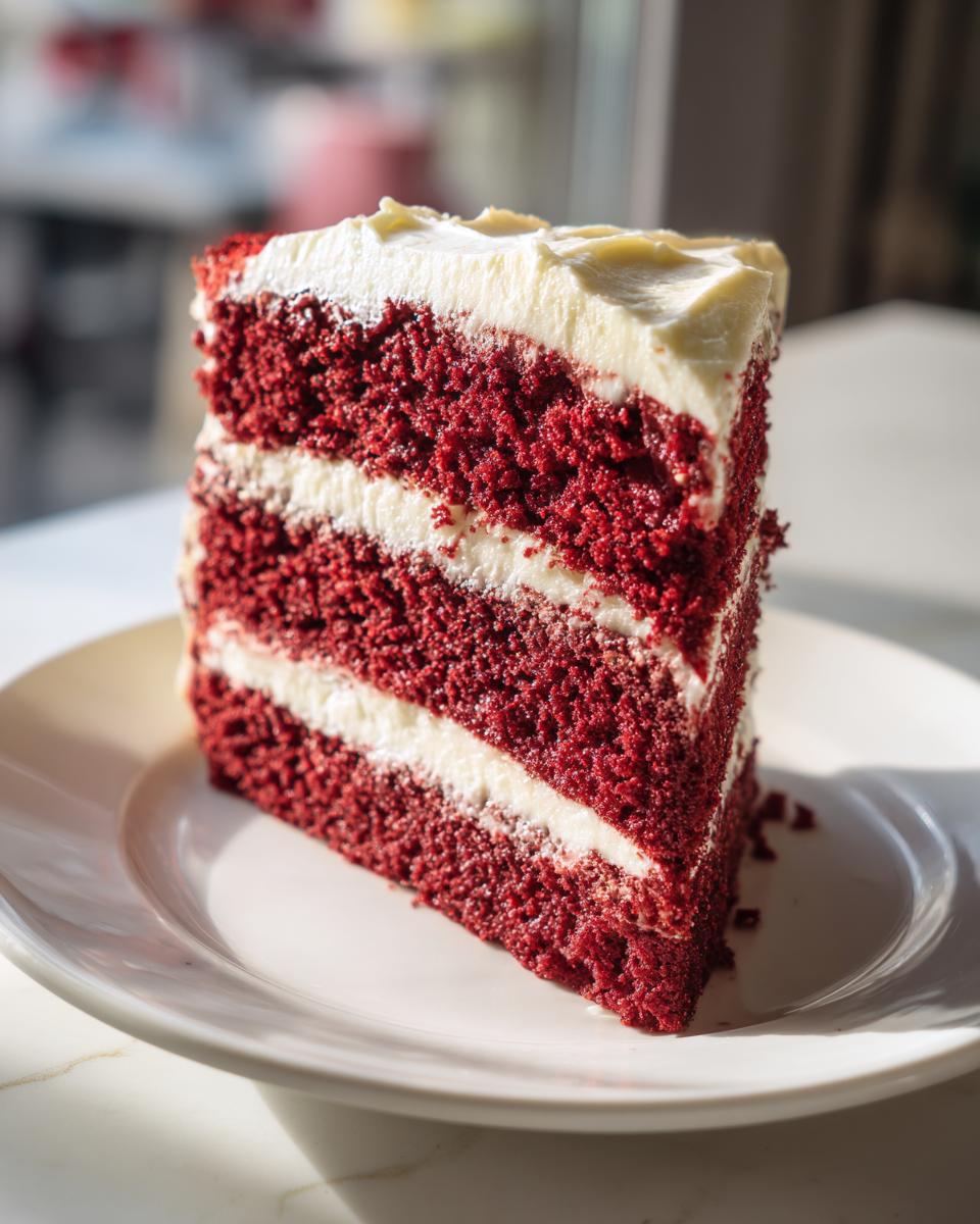 A tall, moist slice of 2-layer red velvet cake with thick cream cheese frosting layers.