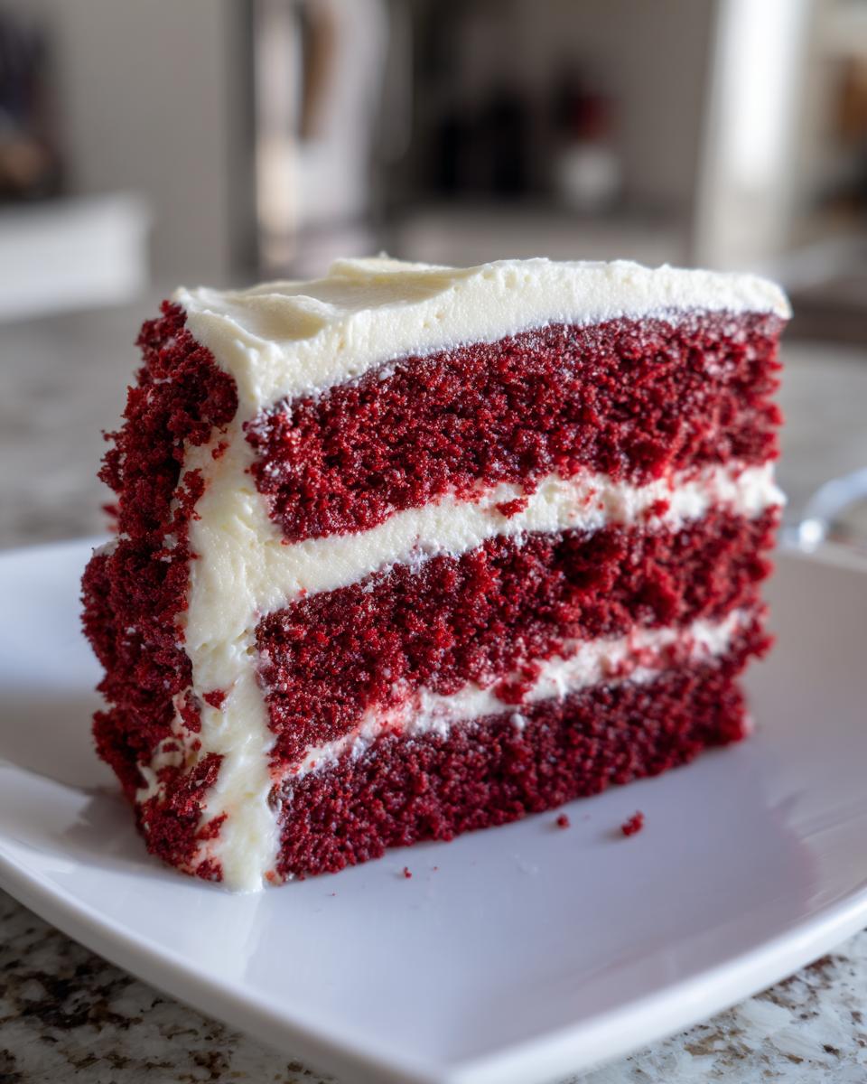 A close-up shot of a moist slice of 2-layer red velvet cake generously frosted with cream cheese icing.