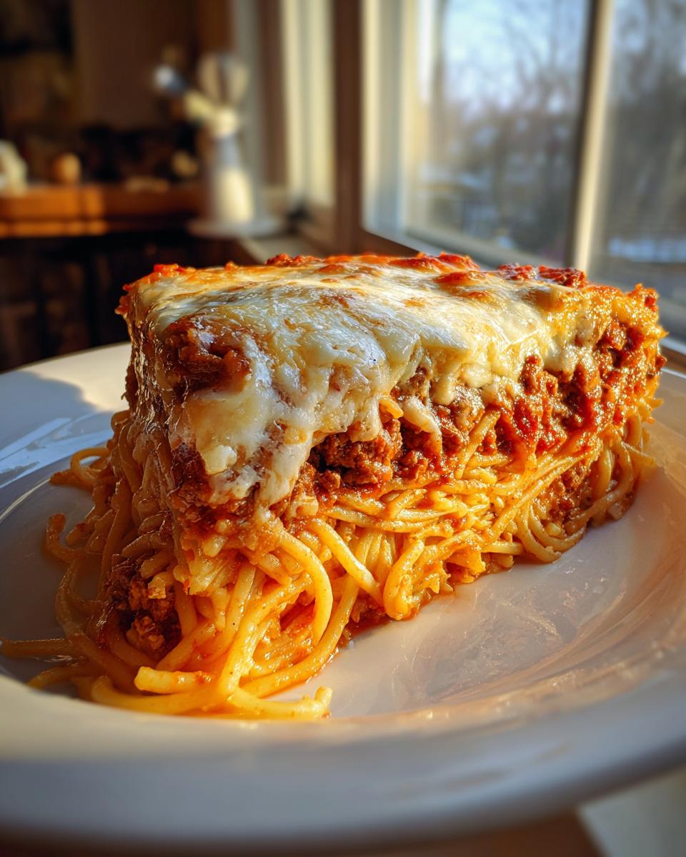 A hearty slice of 3-cheese spaghetti pie featuring layers of pasta, meat sauce, and melted cheese topping.