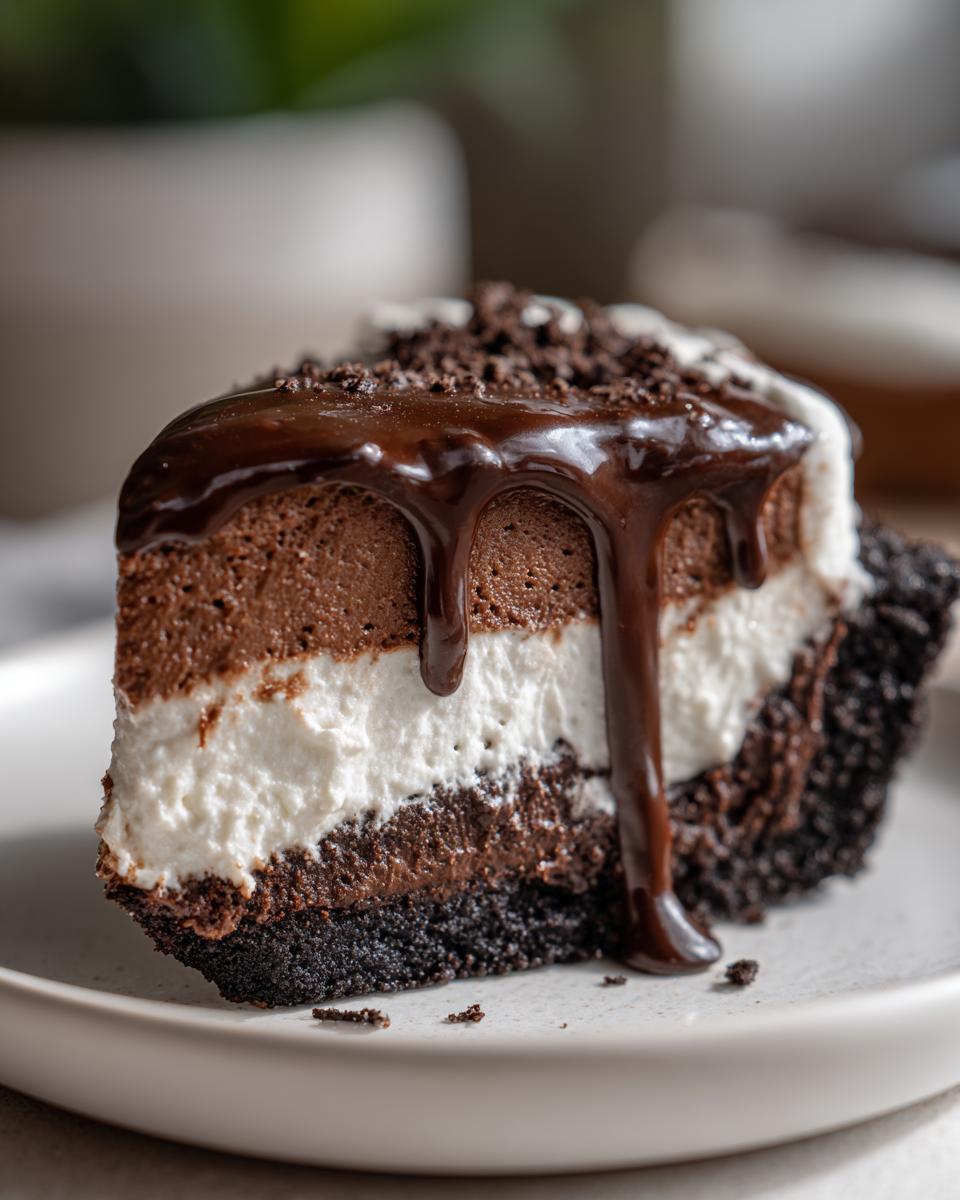 Close-up of a slice of amazing 4-layer mud pie showing chocolate mousse, cream, and a dark crust, topped with fudge sauce.