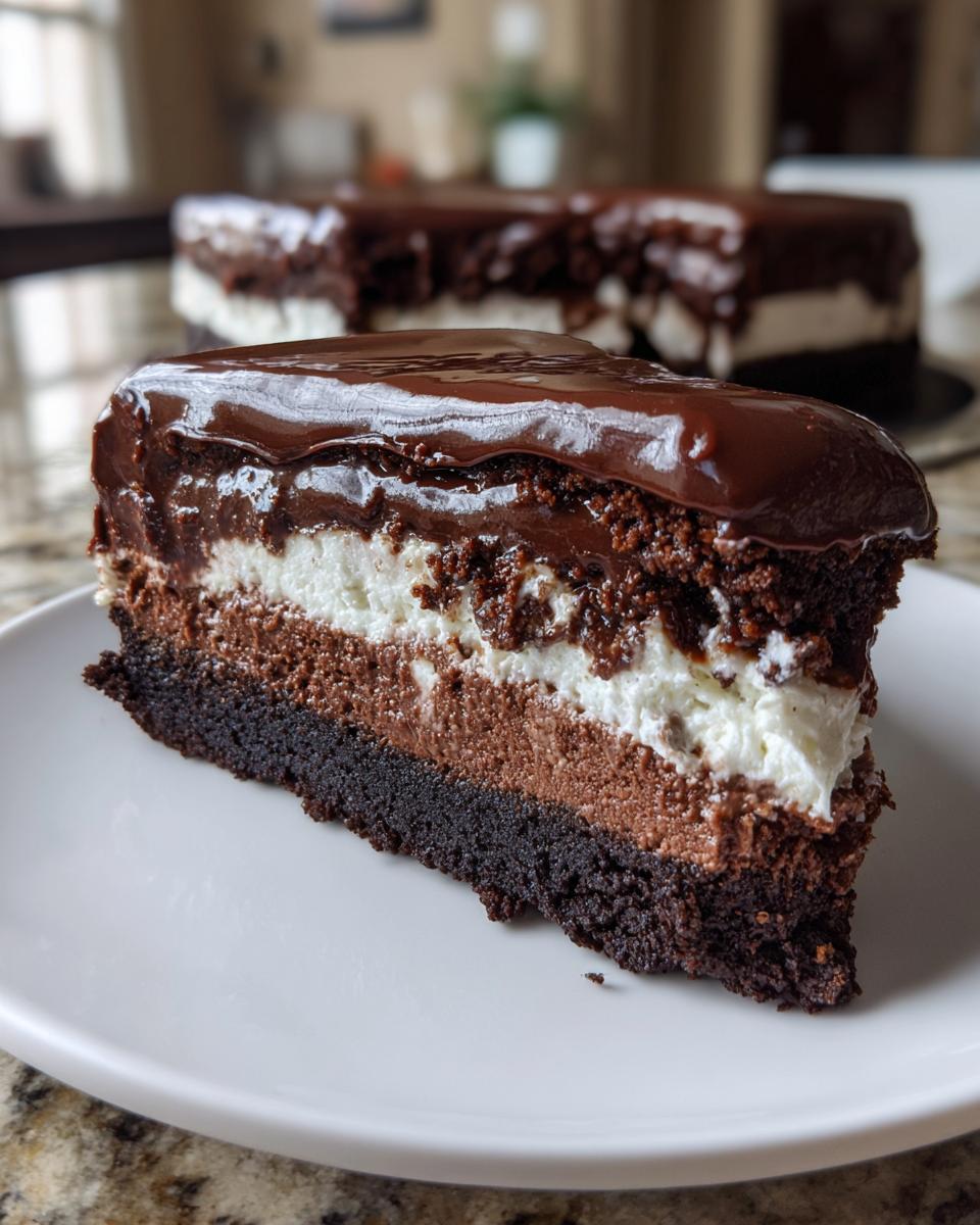 A decadent slice of 4-layer mud pie showing dark crust, chocolate mousse, white cream, and glossy ganache topping.