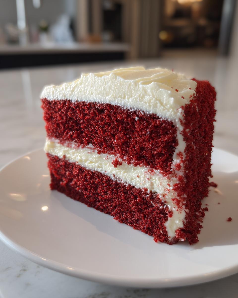 A perfect slice of two-layer red velvet cake with thick cream cheese frosting.
