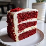 A tall, moist slice of red velvet cake showing two vibrant red layers separated by thick white cream cheese frosting.