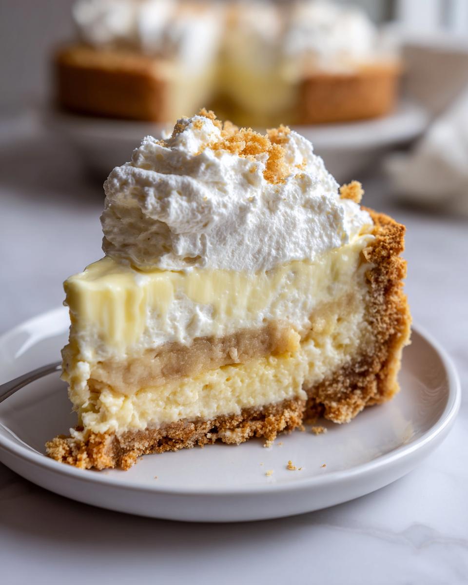 A decadent slice of banana cream cheesecake topped with whipped cream and graham cracker crumbs.