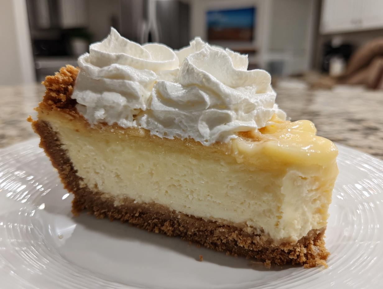 A close-up of a rich slice of banana cream cheesecake featuring a graham cracker crust and topped with whipped cream.
