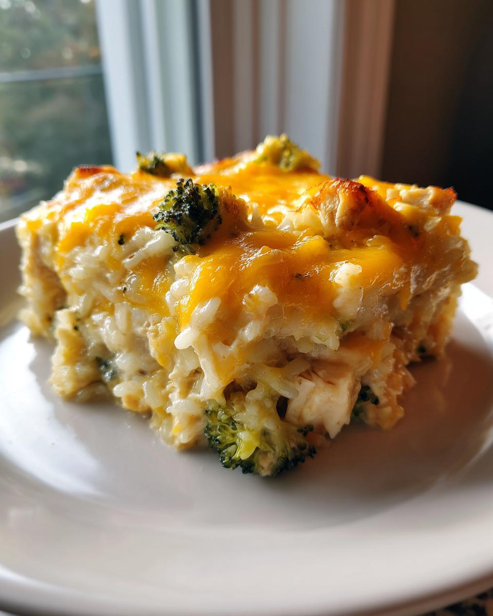 A close-up serving of cheesy chicken broccoli rice casserole topped with melted cheddar cheese.