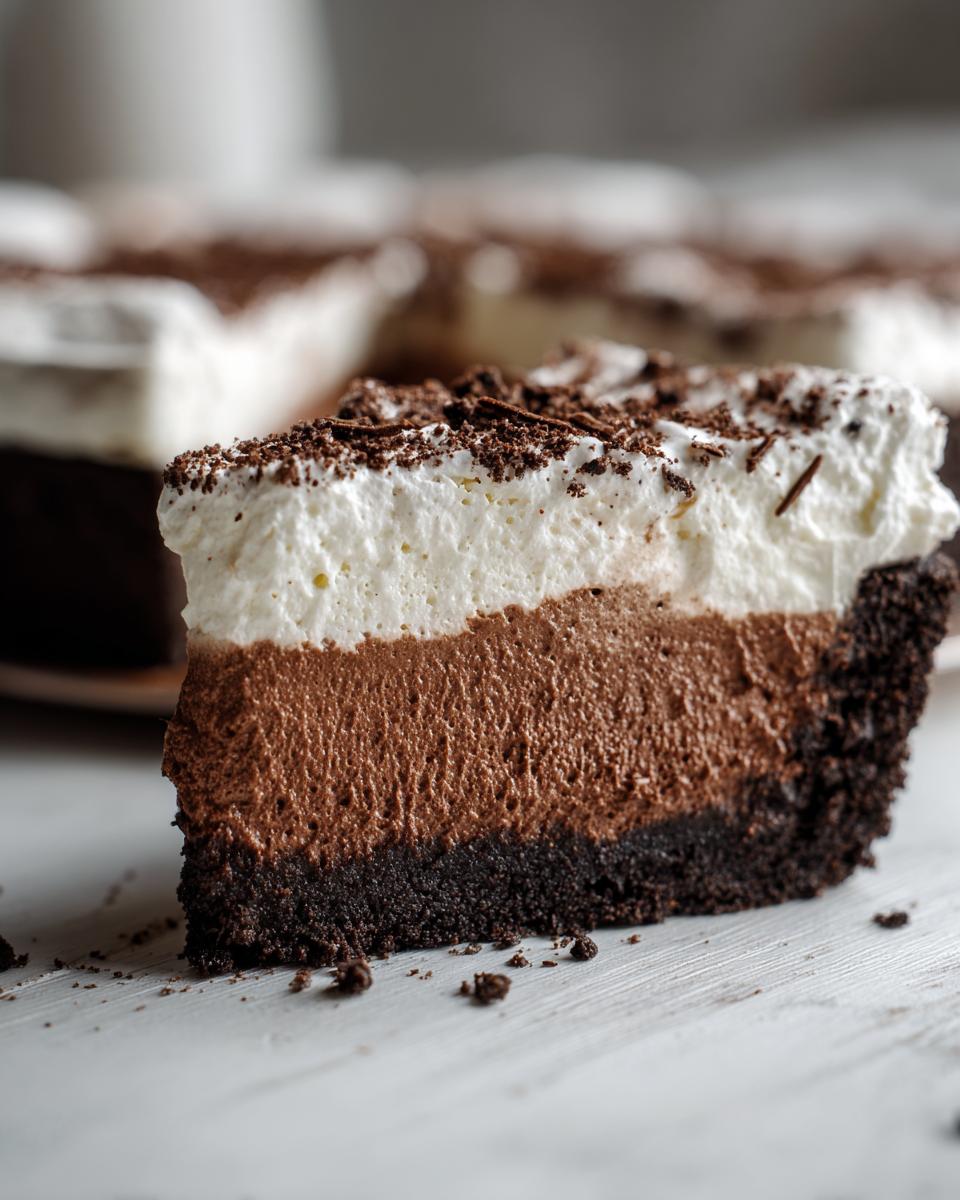 A close-up slice of chocolate mousse pie showing a dark crust, rich chocolate mousse layer, and light whipped cream topping sprinkled with chocolate shavings.