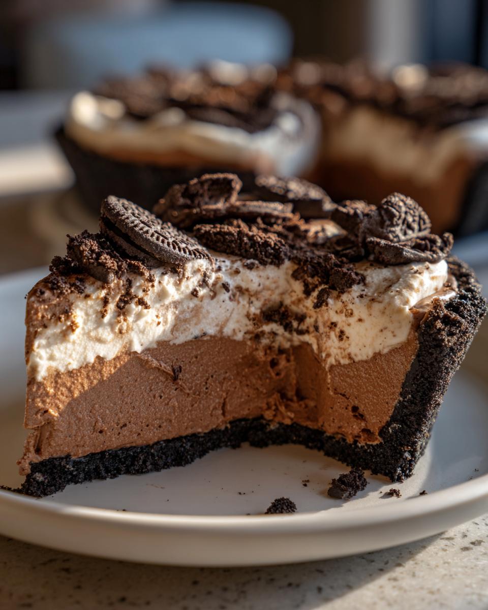 A close-up slice of chocolate mousse pie showing layers of dark crust, rich mousse, whipped cream, and crushed cookies.