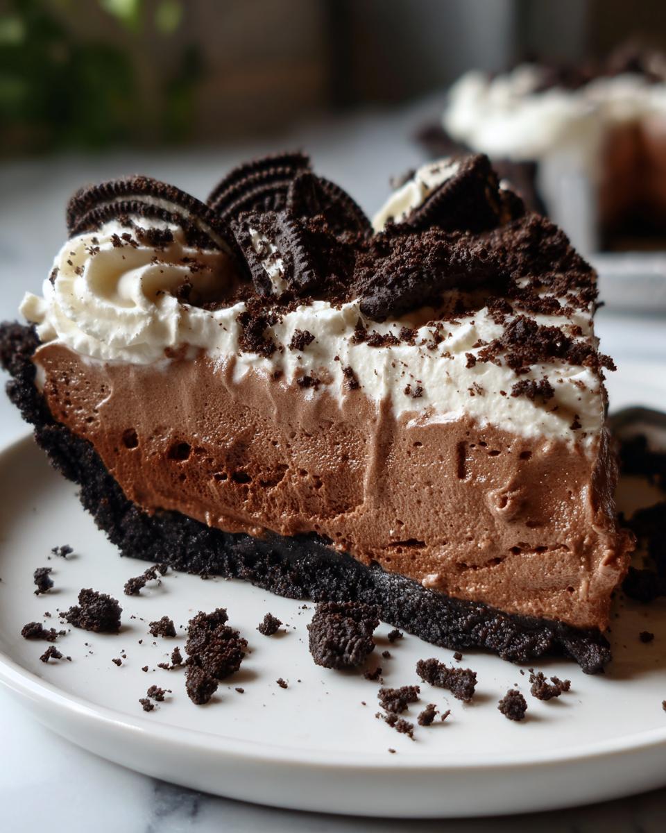 A decadent slice of chocolate mousse pie featuring a dark crust, rich filling, whipped cream, and Oreo cookie pieces.