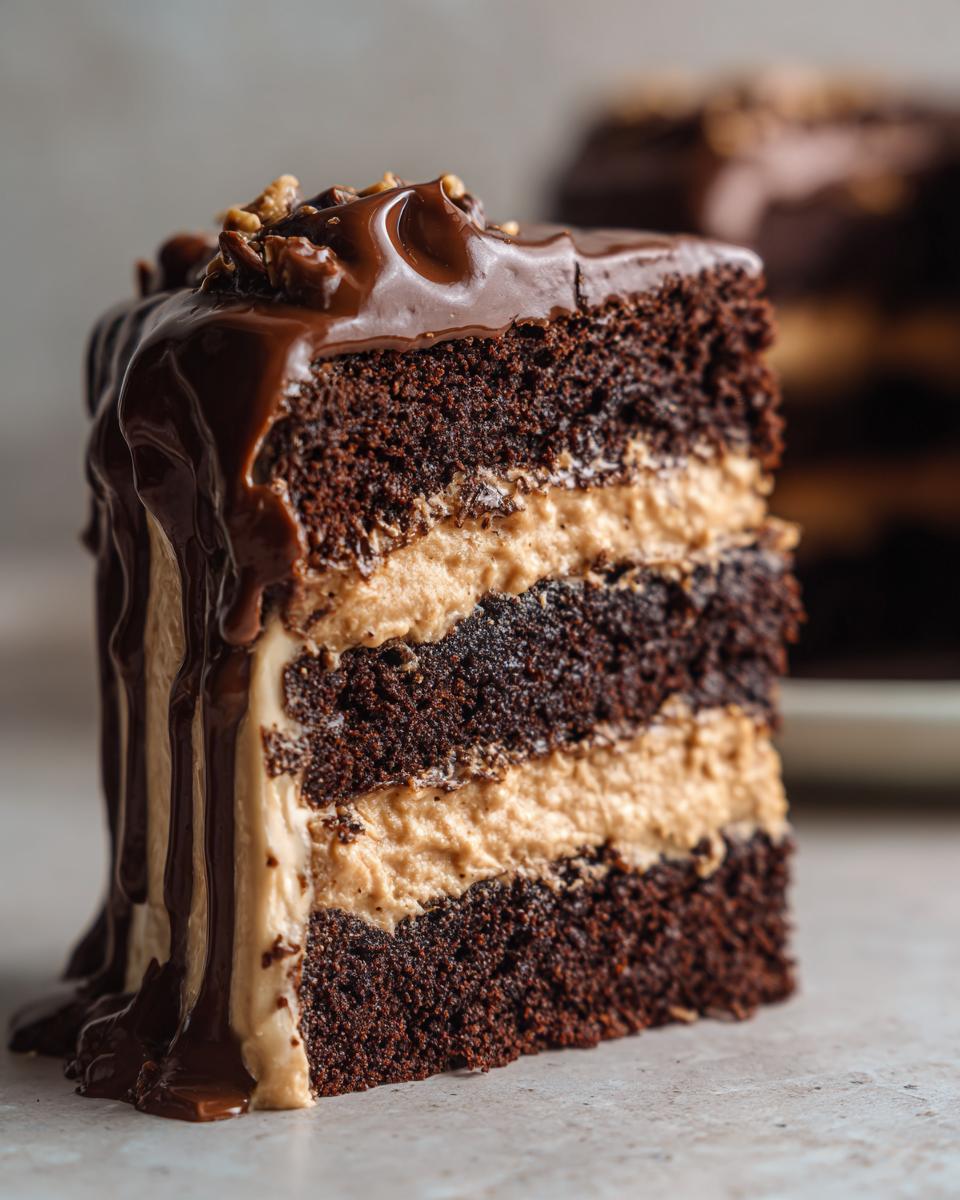 Close-up of a rich slice of chocolate peanut butter cake with three layers of dark cake and peanut butter filling, topped with chocolate ganache.