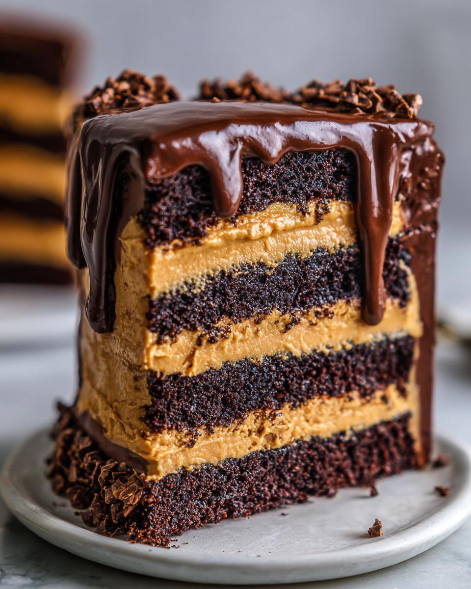 A decadent slice of chocolate peanut butter cake featuring four dark chocolate layers and thick peanut butter frosting, topped with chocolate ganache.