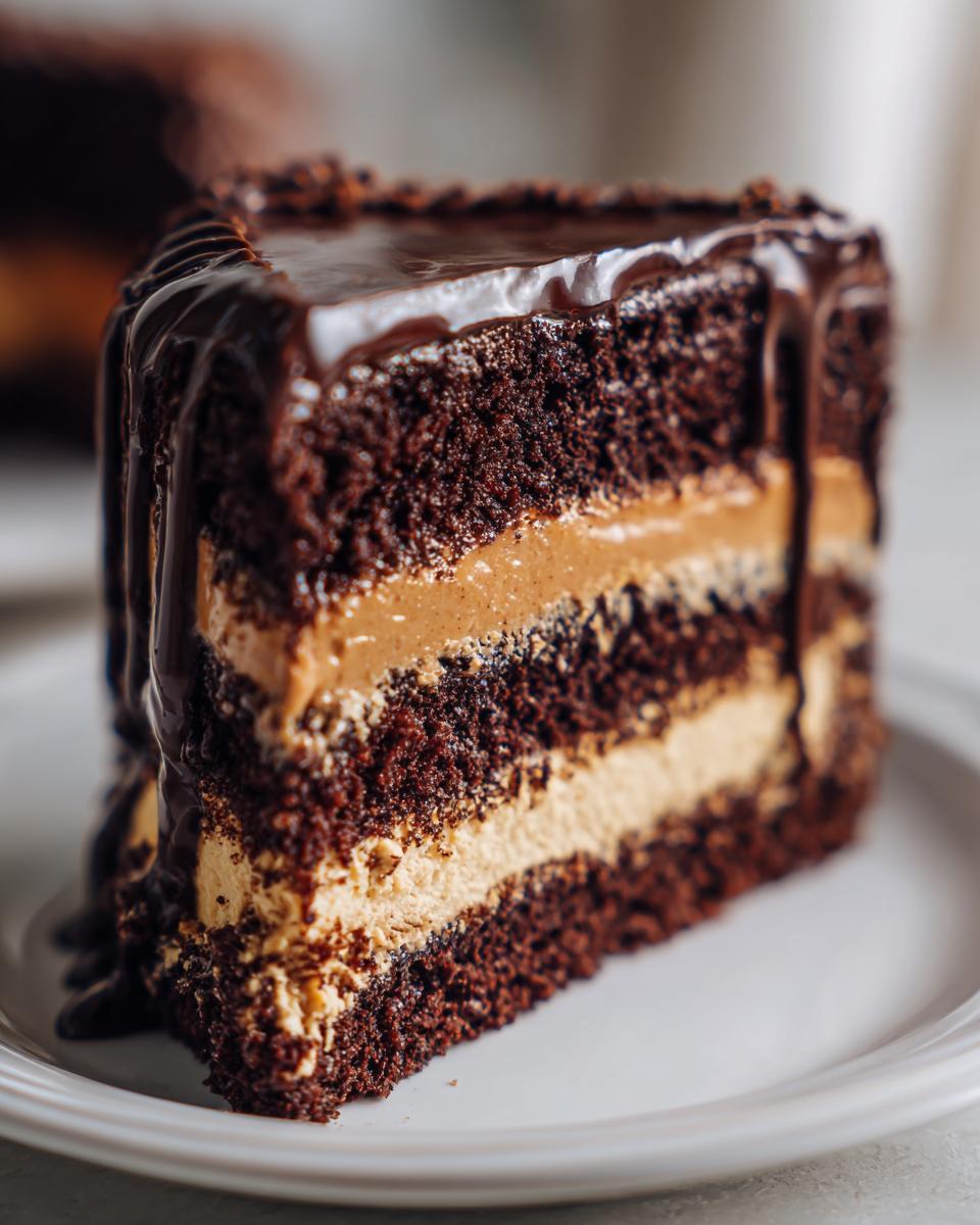 Close-up of a rich slice of chocolate peanut butter cake showing three layers of dark cake and peanut butter frosting.