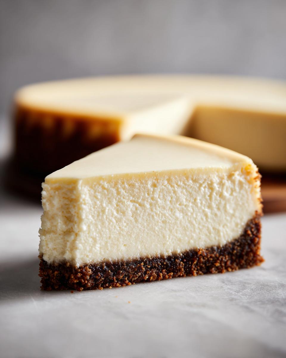 Close-up of a thick slice of creamy cheesecake recipe with a dark graham cracker crust.