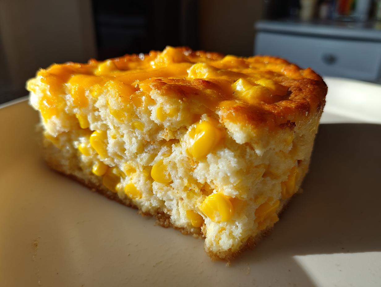 A close-up, sunlit slice of moist cream cheese corn casserole packed with bright yellow corn kernels and topped with melted cheddar.