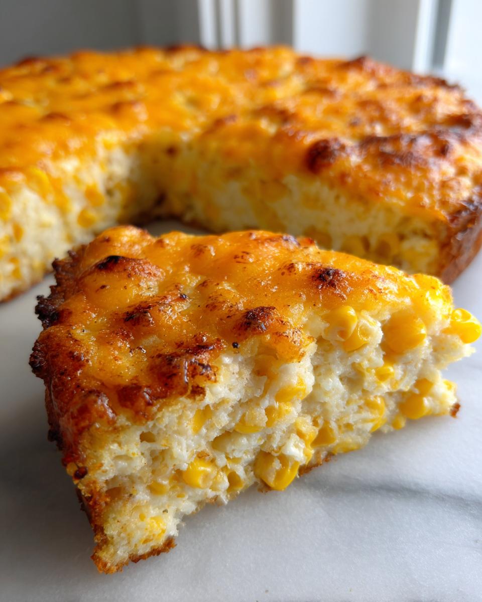 A close-up slice of baked cream cheese corn casserole, showing corn kernels in a fluffy base and a golden, bubbly cheese topping.