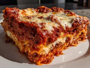 Close-up of a thick, layered slice of homemade lasagna featuring rich meat sauce and melted mozzarella cheese.