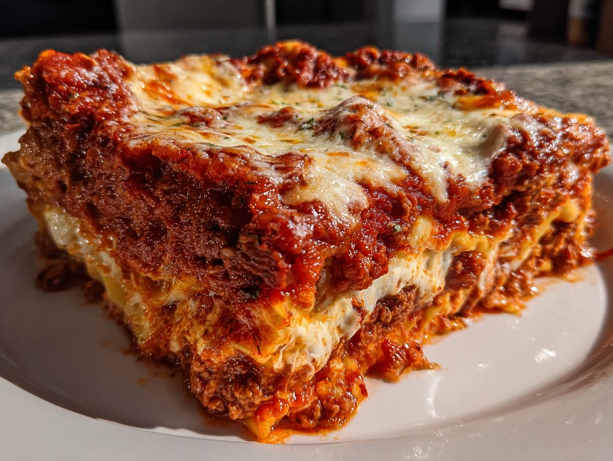 Close-up of a thick, layered slice of homemade lasagna featuring rich meat sauce and melted mozzarella cheese.