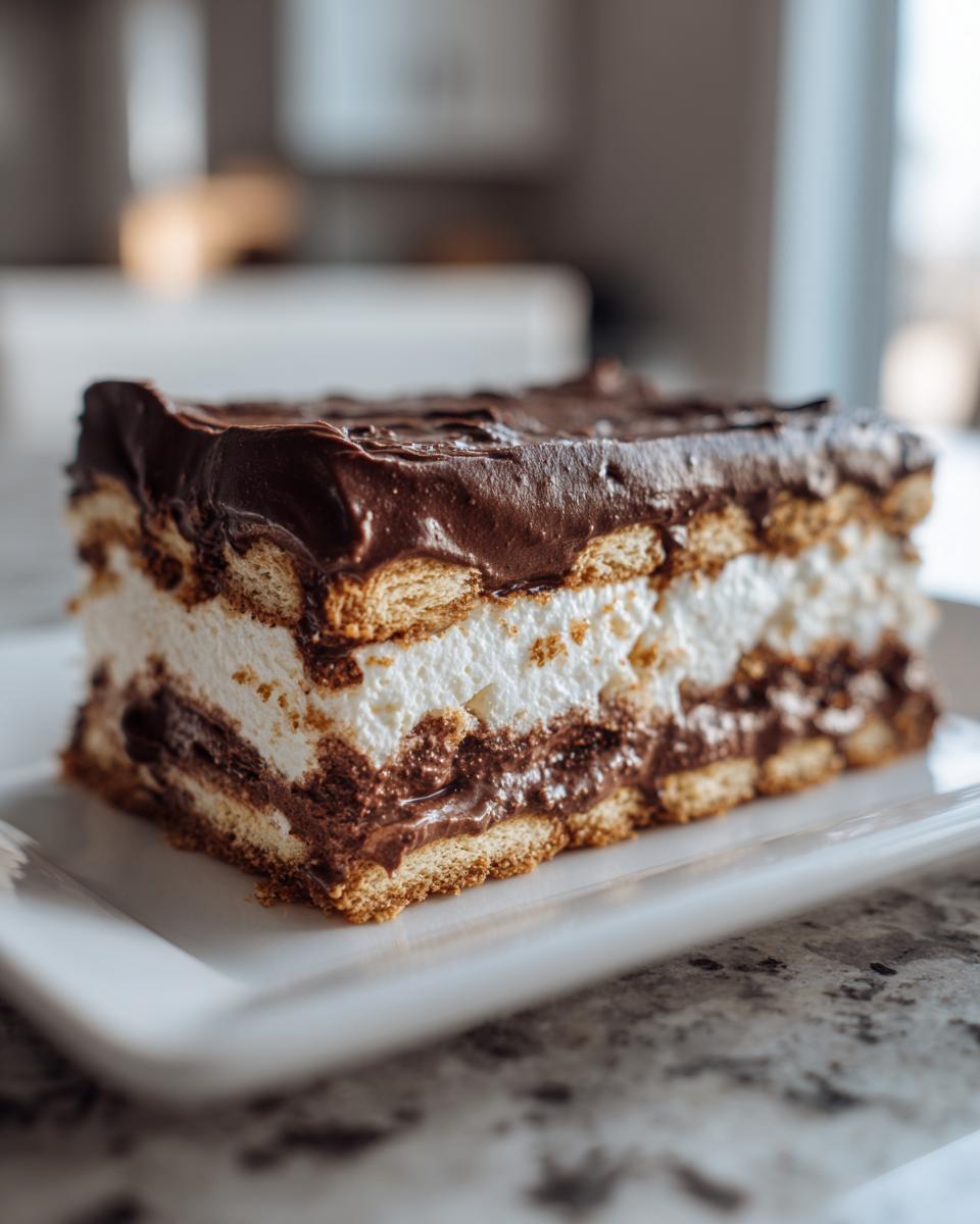 A close-up of a layered slice of eclair cake featuring graham crackers, white cream, and chocolate frosting.