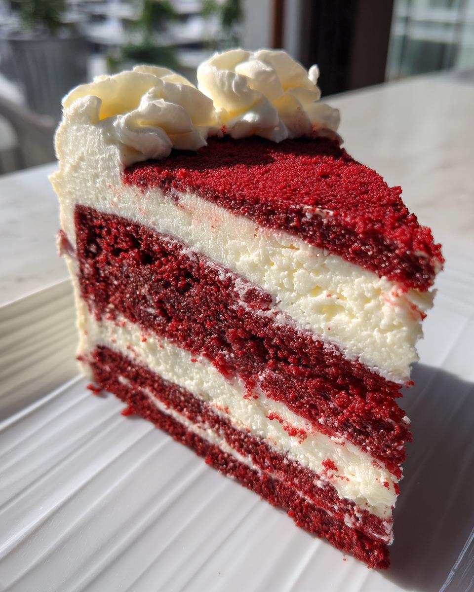 A tall, decadent slice of red velvet cheesecake showing four distinct red cake layers alternating with thick white cream cheese frosting layers.