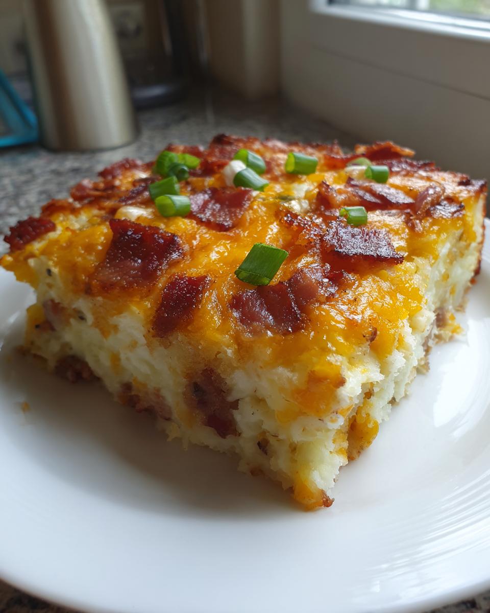 A square slice of creamy mashed potato casserole topped with melted cheddar cheese, bacon bits, and green onions.