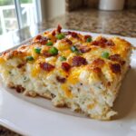 A square slice of creamy mashed potato casserole topped with melted cheddar, bacon bits, and green onions.