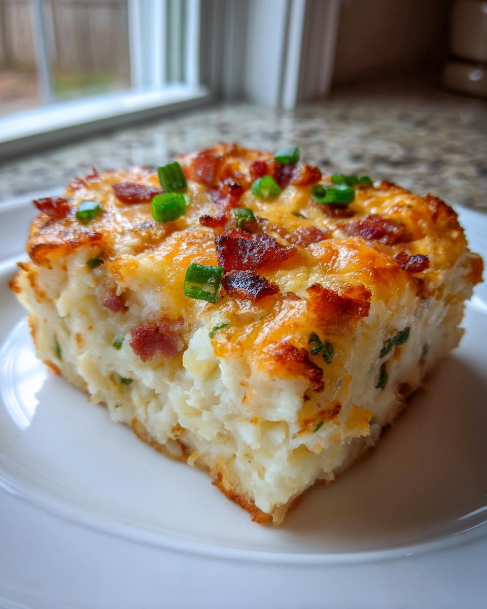 A square serving of creamy mashed potato casserole topped with melted cheese, bacon bits, and green onions.