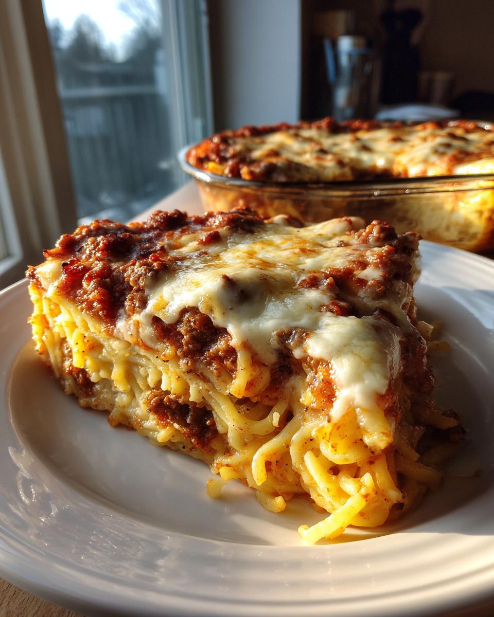 A thick slice of 3-Cheese spaghetti pie topped with melted mozzarella and rich meat sauce, served on a white plate.